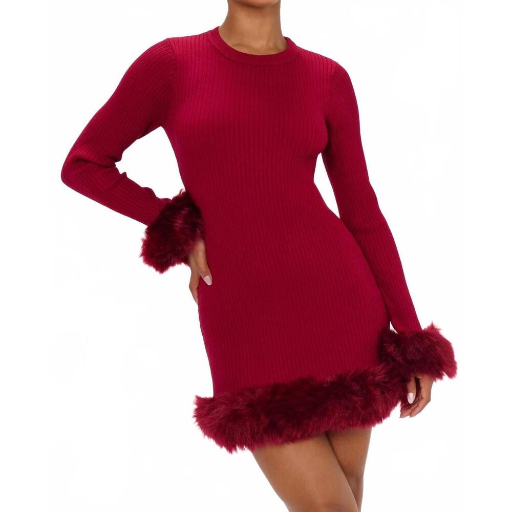 NEW SHOW ME YOUR MUMU fran dress in cranberry rib with faux fur - Picture 3 of 10